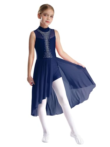 Yihuimin Mädchen Lyrisch Tanzkleid Glitzer Ballettkleid Eiskunstlauf Kleid Ärmellose Latein Jazz Tanzkleidung Dancewear Navy blau 170 von Yihuimin