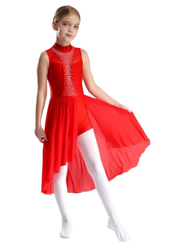 Yihuimin Mädchen Lyrisch Tanzkleid Glitzer Ballettkleid Eiskunstlauf Kleid Ärmellose Latein Jazz Tanzkleidung Dancewear Rot 146-152 von Yihuimin