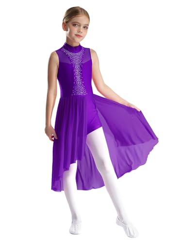 Yihuimin Mädchen Lyrisch Tanzkleid Glitzer Ballettkleid Eiskunstlauf Kleid Ärmellose Latein Jazz Tanzkleidung Dancewear Violett 158-164 von Yihuimin