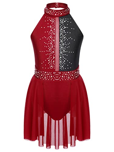 Yihuimin Mädchen Mädchen Tanzkleid Glitzer Tanzanzug Strass Eiskunstlauf Kleid Ärmellose Ballettkleid Latein Kleid Jazz Tanzkostüm Burgundy 158-164 von Yihuimin