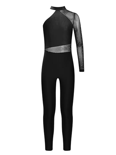 Yihuimin Mädchen Turnanzug Eine Schulter Gymnastik Jumpsuit Glitzer Tanzbody Patchwork Eiskunstlaufanzug Sportlich Leotard Schwarz 158-164 von Yihuimin