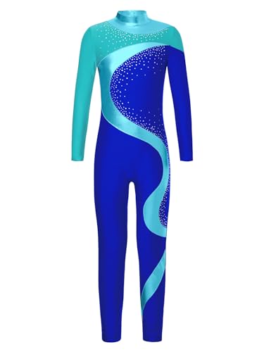 Yihuimin Mädchen Turnanzug Ganzkörper Gymnastikanzug Einteiler Tanzbody Langarm Tanzanzug Sportlich Overall Traininganzug Blau Grün 134-140 von Yihuimin
