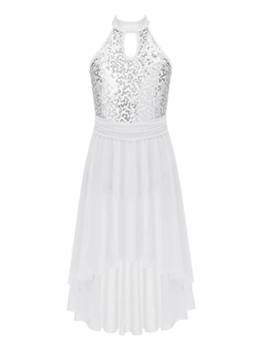 Yihuimin Tanzkleid Mädchen Pailletten Ärmellose Ballettkleid Neckholder Rollschuhkleid Glitzer Tanztrikot mit Mesh Rock Tanzanzug Dancewear Weiß 122-128 von Yihuimin