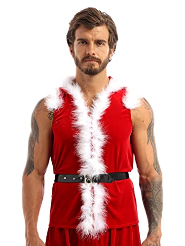 Yihuimin Weihnachtsmann Kostüm Herren Santa Claus Weihnachten Kostüm Samt Ärmellos Oberteile mit Feder Kapuze Tanktop Karnevalskostüm Rot XXL von Yihuimin