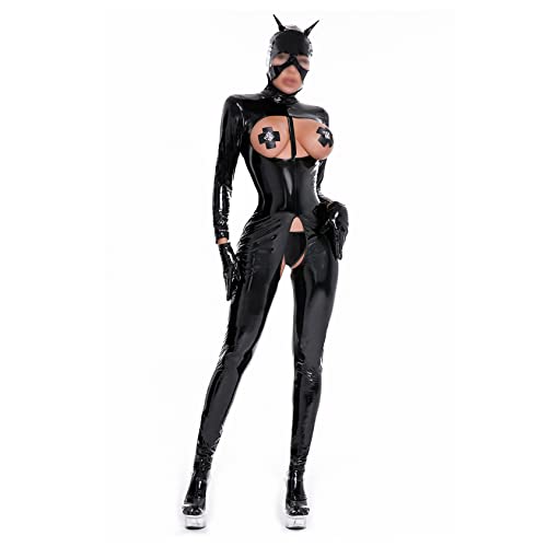 Yihuimin Wetlook Jumpsuit Damen Ouvert Catsuit Offene Brust Bodysuit Langarm Ganzkörperanzug Frauen Cosplay Katzenfrau Kostüm Schwarz Schwarz 3XL von Yihuimin