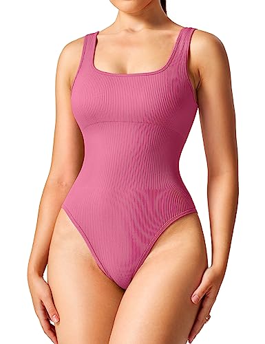 Yiifit Bodysuit Shapewear Damen Ribbed Body Shaper Ärmellos Seamless Square Neck Yoga Jumpsuit Gerippt Bauchweg Tanga Figure Shaping Rosa Medium von Yiifit