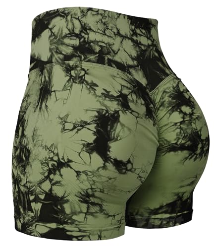 Yiifit Nahtlose Booty Damen Yoga Tie Dye High Waist Workout 3" Sport Shorts Army Green Medium von Yiifit