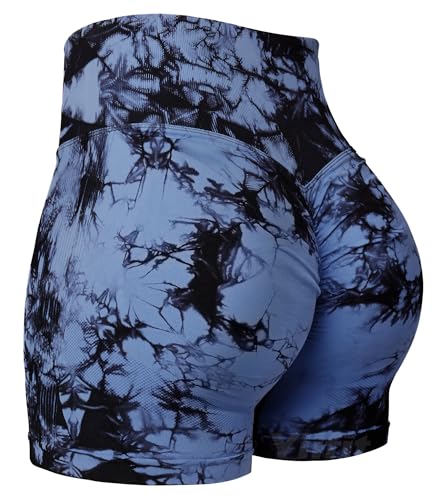 Yiifit Nahtlose Booty Damen Yoga Tie Dye High Waist Workout 3" Sport Shorts Dunkelblau Small von Yiifit