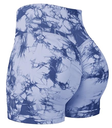 Yiifit Nahtlose Booty Damen Yoga Tie Dye High Waist Workout 3" Sport Shorts Hellblau Small von Yiifit