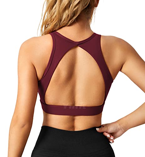 Yiifit Sports Bra Damen Open Back Sport BH Ärmellos Nahtlose mit Polster Crop Top Bauchfrei Ohne Bügel Rückenfrei Bustier für Gym Fitness Workout Burgund Large von Yiifit