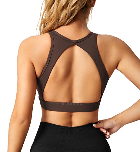 Yiifit Sports Bra Damen Open Back Sport BH Ärmellos Nahtlose mit Polster Crop Top Bauchfrei Ohne Bügel Rückenfrei Bustier für Gym Fitness Workout Kaffee Small von Yiifit