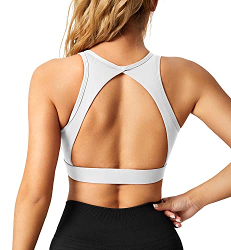 Yiifit Sports Bra Damen Open Back Sport BH Ärmellos Nahtlose mit Polster Crop Top Bauchfrei Ohne Bügel Rückenfrei Bustier für Gym Fitness Workout Weiß Large von Yiifit