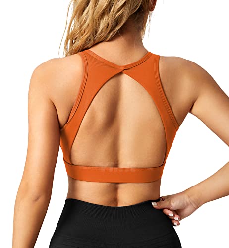 Yiifit Sports Bra Damen Open Back Sport BH Ärmellos Nahtlose mit Polster Crop Top Bauchfrei Ohne Bügel Rückenfrei Bustier für Gym Fitness Workout Orange Large von Yiifit