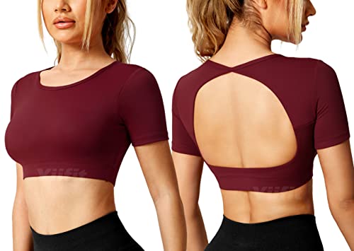 Yiifit Sport Backless Top Damen Fitness Patchwork Gym Tops Sportoberteile mit Cups Yoga Shirt Burgunderrot Large von Yiifit