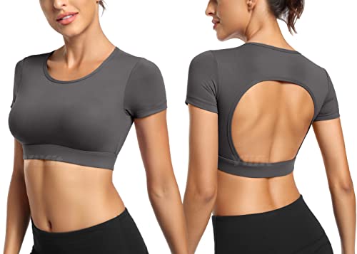 Yiifit Sport Backless Top Damen Fitness Patchwork Gym Tops Sportoberteile mit Cups Yoga Shirt Dunkelgrau Large von Yiifit