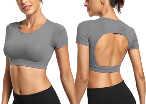 Yiifit Sport Backless Top Damen Fitness Patchwork Gym Tops Sportoberteile mit Cups Yoga Shirt Grau Medium von Yiifit