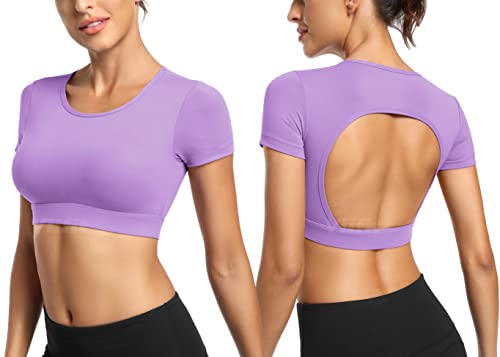 Yiifit Sport Backless Top Damen Fitness Patchwork Gym Tops Sportoberteile mit Cups Yoga Shirt Hellviolett Large von Yiifit