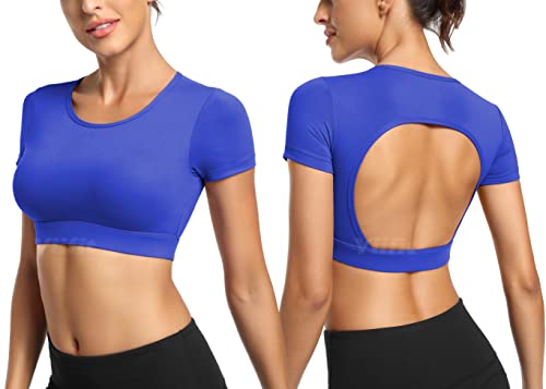 Yiifit Sport Backless Top Damen Fitness Patchwork Gym Tops Sportoberteile mit Cups Yoga Shirt Juwel blau X-Small von Yiifit