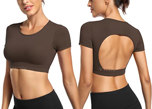 Yiifit Sport Backless Top Damen Fitness Patchwork Gym Tops Sportoberteile mit Cups Yoga Shirt Kaffee Large von Yiifit