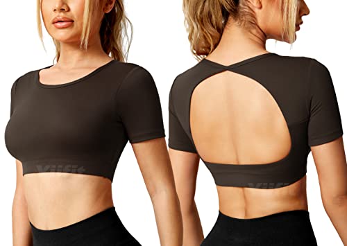 Yiifit Sport Backless Top Damen Fitness Patchwork Gym Tops Sportoberteile mit Cups Yoga Shirt Kaffee Large von Yiifit