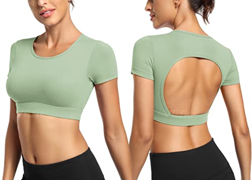 Yiifit Sport Backless Top Damen Fitness Patchwork Gym Tops Sportoberteile mit Cups Yoga Shirt Light Green X-Small von Yiifit