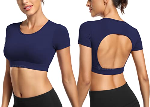 Yiifit Sport Backless Top Damen Fitness Patchwork Gym Tops Sportoberteile mit Cups Yoga Shirt Marineblau Large von Yiifit