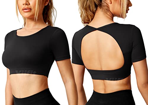 Yiifit Sport Backless Top Damen Fitness Patchwork Gym Tops Sportoberteile mit Cups Yoga Shirt Schwarz Large von Yiifit