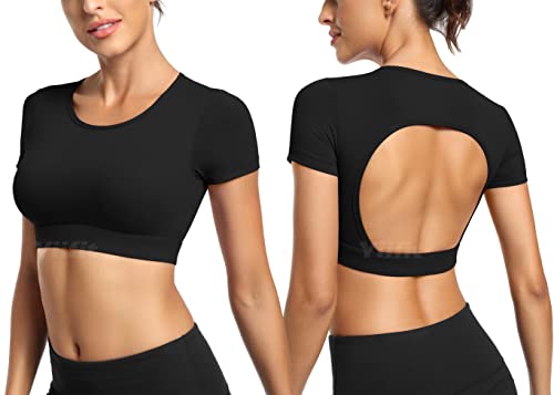 Yiifit Sport Backless Top Damen Fitness Patchwork Gym Tops Sportoberteile mit Cups Yoga Shirt Schwarz Small von Yiifit