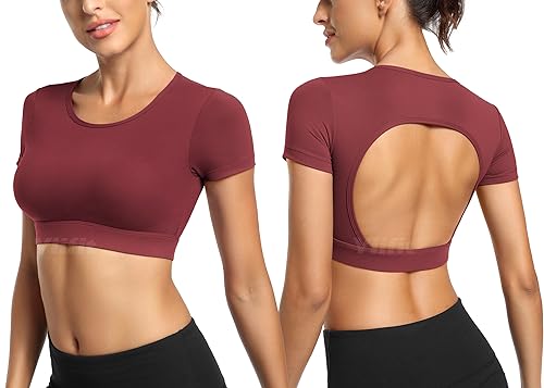 Yiifit Sport Backless Top Damen Fitness Patchwork Gym Tops Sportoberteile mit Cups Yoga Shirt Weinrot X-Small von Yiifit