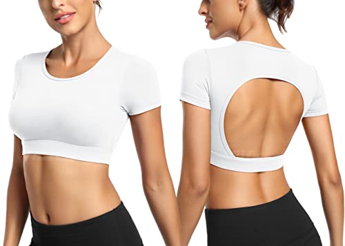 Yiifit Sport Backless Top Damen Fitness Patchwork Gym Tops Sportoberteile mit Cups Yoga Shirt Weiß Large von Yiifit