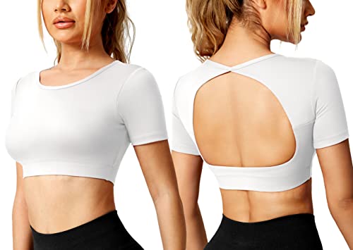 Yiifit Sport Backless Top Damen Fitness Patchwork Gym Tops Sportoberteile mit Cups Yoga Shirt Weiß Small von Yiifit