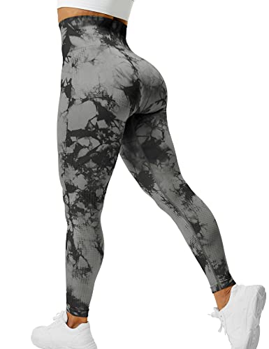 Yiifit Tie Dye Gym Leggings Damen High Waist Sport Leggings Boom Booty Po Push Up Sporthose für Yoga Fitness Workout Schwarz Grau Medium von Yiifit