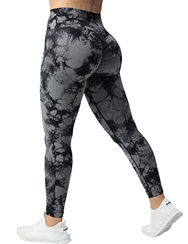 Yiifit Tie Dye Gym Leggings Damen High Waist Sport Leggings Scrunch Butt Seamless Po Push Up Sporthose für Yoga Fitness Workout Schwarz Grau Medium von Yiifit