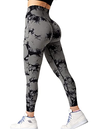 Yiifit Tie Dye Gym Leggings Damen High Waist Sport Leggings Scrunch Butt Seamless Po Push Up Sporthose für Yoga Fitness Workout Schwarz Grau Medium von Yiifit