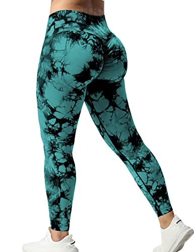 Yiifit Tie Dye Sports Leggings Damen Scrunch Butt High Waist Push Up Gym Fitness Workout Leggings Blue Green, Large von Yiifit