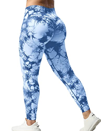 Yiifit Tie Dye Sports Leggings Damen Scrunch Butt High Waist Push Up Gym Fitness Workout Leggings Hell Blau, Large von Yiifit