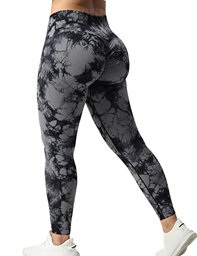 Yiifit Tie Dye Sports Leggings Damen Scrunch Butt High Waist Push Up Gym Fitness Workout Leggings Schwarz Grau, Medium von Yiifit