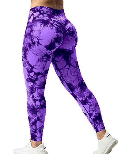 Yiifit Tie Dye Sports Leggings Damen Scrunch Butt High Waist Push Up Gym Fitness Workout Leggings Violett, Large von Yiifit