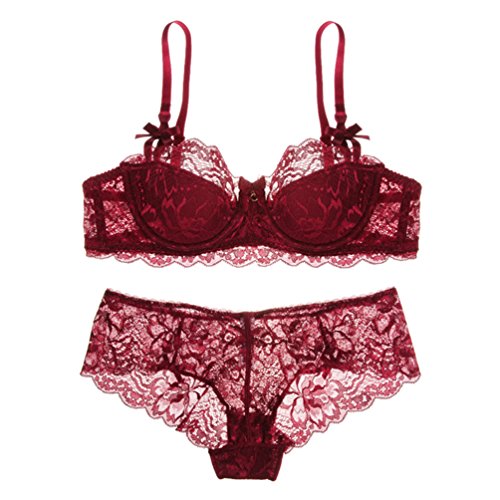 Yiiquan Damen Büstenhalter Unterwäsche Lingerie Panty Dessous Set Buegel-BH & Spitze Slip (Rot, 85B) von Yiiquan