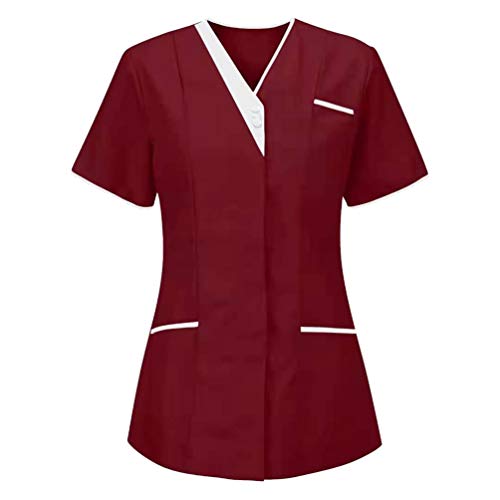 Yiiquanan Damen Kasack Oberteil Kurzarm V-Ausschnitt Gesundheitswesen Arbeitskleidung mit Taschen für Pflegekräfte und Massage Arbeiter (Rot | Stil#1, XL) von Yiiquanan