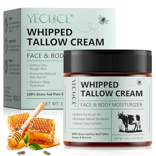 Rindertalg Hautpflegecreme – Schlagtalgcreme für Gesicht & Körper, 120 g, 100 % Grasfütterung, rein, natürlich, für Damen und Herren, Gesichtspeeld und Honigbalsam, Feuchtigkeitspflege für trockene von YijiaXingzhou