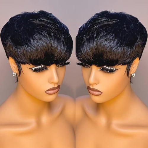 Echthaar-Kurzperücke für Frauen,Pixie Cut Perücken 100% Naturhaar Klebelose Perücke Ohne Spitze Pony mit Pony Glatt Vollmaschinell gefertigt Kurze gestufte Perücke 1B, Natur Schwarz von Yiko