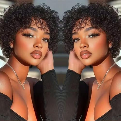 Pixie-Cut-Perücken für schwarze Frauen, kurze Perücken aus 100% Echthaar mit Pony, Afro-Lockenperücke, Echthaar, kurz, geschichtet, ohne Spitze und ohne Klebstoff, Vorderperücke, Naturschwarz von Yiko