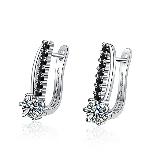 Damen Creolen Ohrringe 925 Silber AAA Schwarz Zirkonia U-form Ohrloch Temperament Hoop Ohrstecker von Yikoly