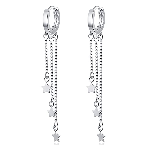 Damen Creolen Silber Damen Ohrringe 925 Sterling Silber Einfache Lange Tassel Sterne Mode Hoop Ohranhänger für Mädchen Frauen (Silber) von Yikoly