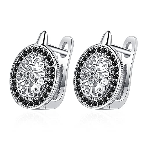 Damen Ohrstecker Damen Ohrringe 925 Sterling Silber AAA Schwarz Retro Zirkonia Aushöhlen Strass Runde Form Ohrringe für Frauen von Yikoly