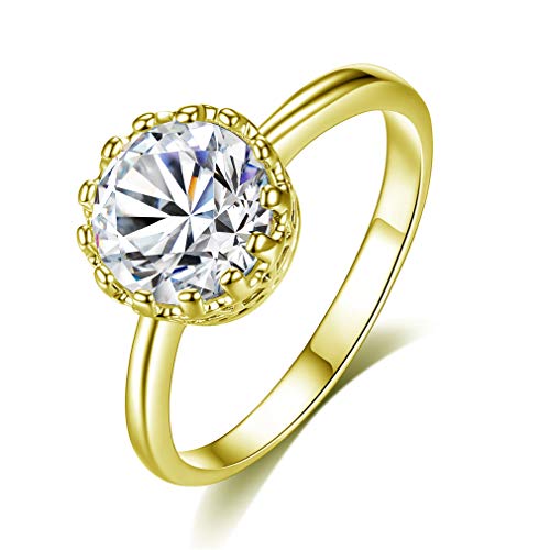 Damen Schmuck Ring Solitär Damen aus 925 Silber mit Zirkonia Stein in Krappenfassung（Gold/Silber） (Gold, 9) von Yikoly