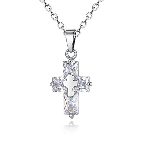 Halskette mit Kreuz-Anhänger 925 Sterling Silber überzogen AAA Zirkonia Kristall süß Jesus Christus Kruzifix（Rotgoldweiß Gold） (Weiß) von Yikoly