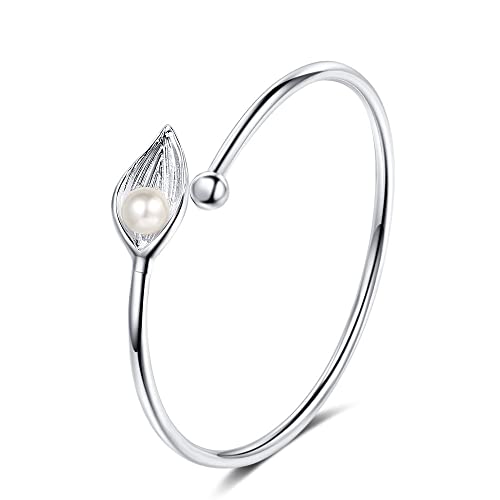 Yikoly Armband Silber 925 süße Blätter Perlen offen Eofache Edel Charm Armreif Handkette Einstellbar von Yikoly