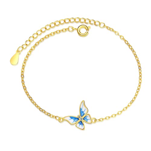 Yikoly Armband Silber 925 süße Blau Schmetterling Golden Mode Glitzer Charm Armreif Handkette Einstellbar von Yikoly